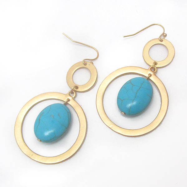 Double metal hoop and turquoise drop earring
