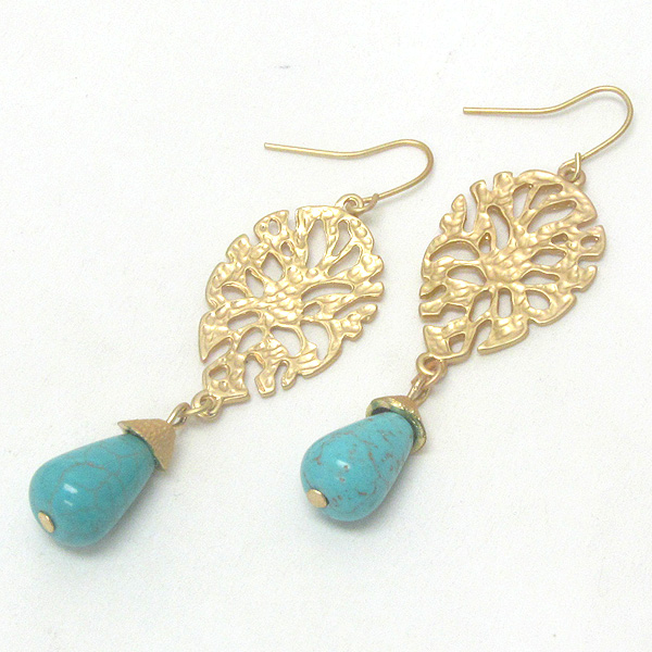 Hammered metal filigree and turquoise drop earring