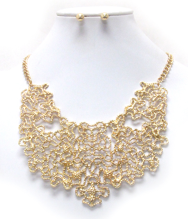 Metal filigree coral bib necklace earring set