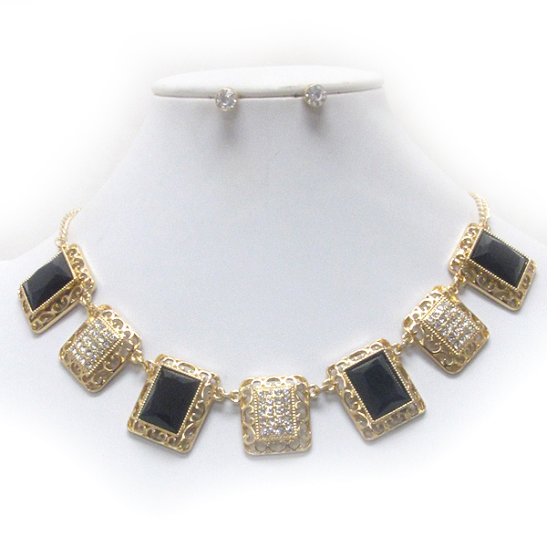 Crystal and metal filigree deco link necklace earring set