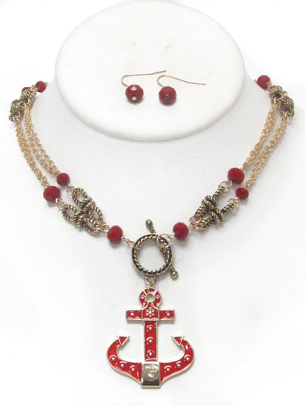 Anchor pendant double layer toggle necklace set
