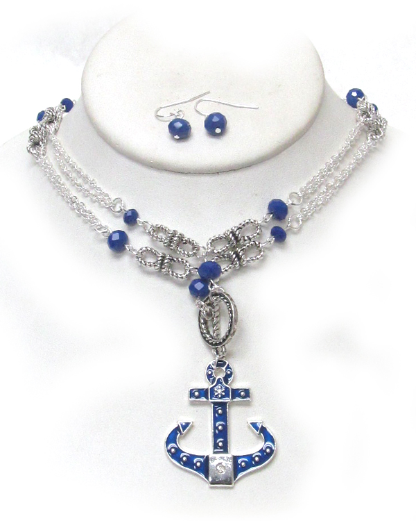 Anchor pendant double layer toggle necklace set