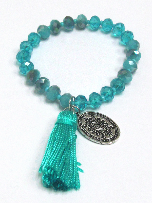 Multi glass beads with pom pom tassel charm bracelet