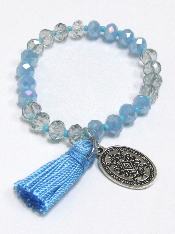 Multi glass beads with pom pom tassel charm bracelet