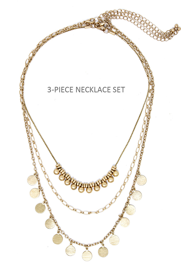Multi metal disc and ball dangle 3 piece necklace set