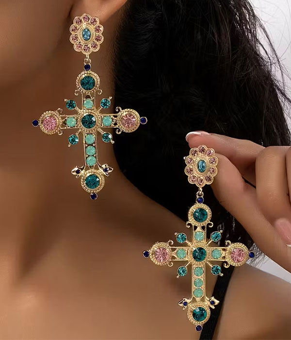 Ornate jeweled cross statement drop earrings