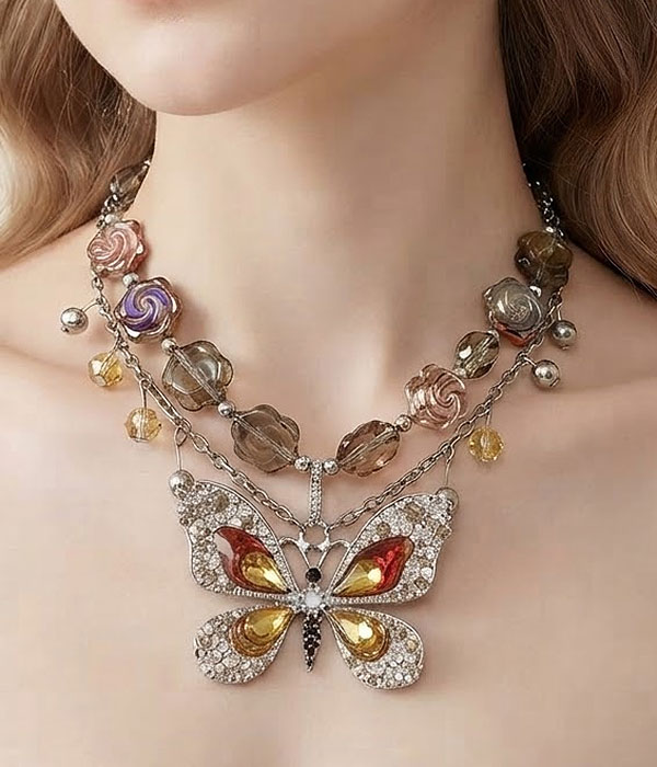 Butterfly and rose double layer necklace
