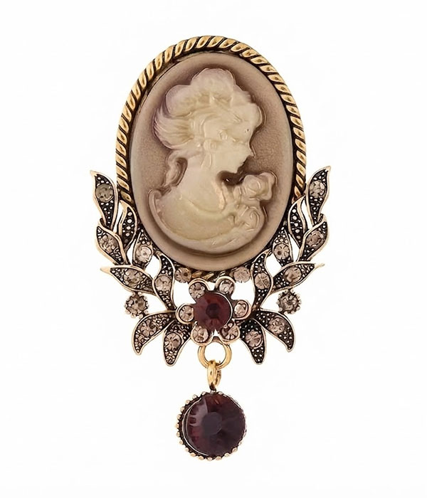 Vintage cameo rhinestone dangle brooch