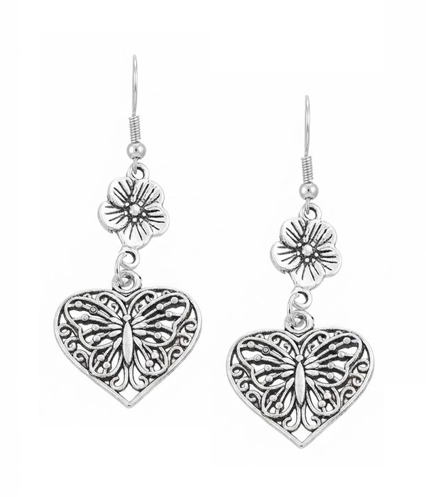 Butterfly heart floral drop earrings