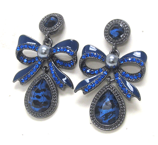 Ribbon crystal with pearl drop crystal glass animal print drop earring