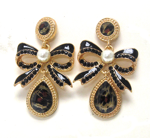 Ribbon crystal with pearl drop crystal glass animal print drop earring