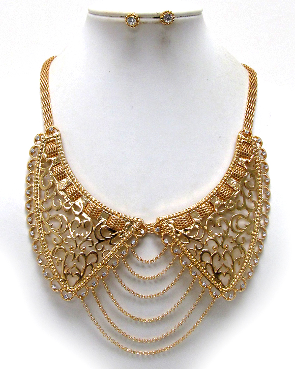 Two crystal large filigree horns drop multi chain and snake chain necklace earring set