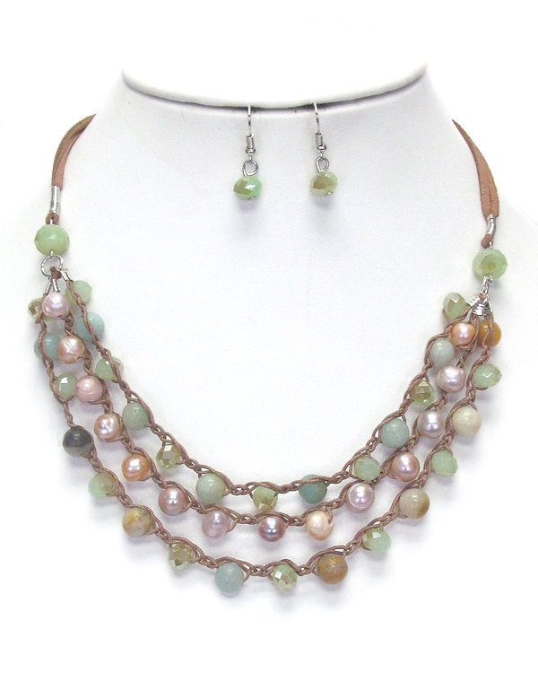 Facet stone and pearl link 3 layer necklace set