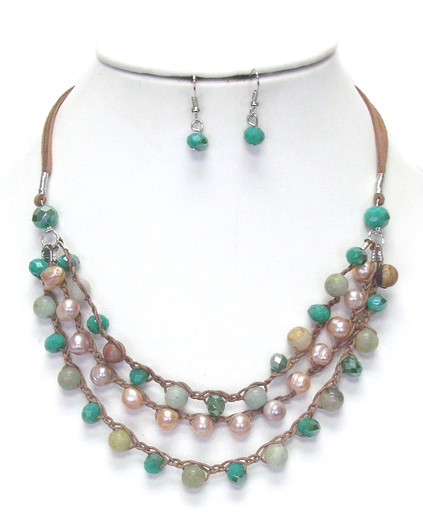 Facet stone and pearl link 3 layer necklace set