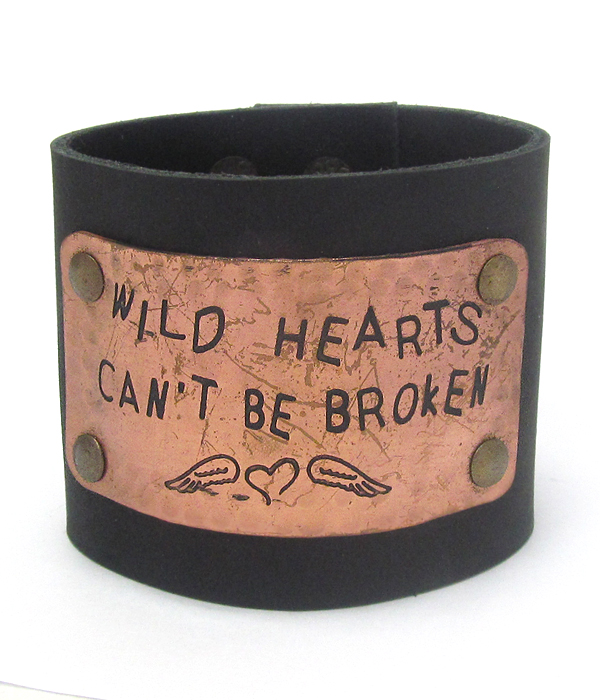 Inspiration message engraved metal thick leatherette snap on bracelet