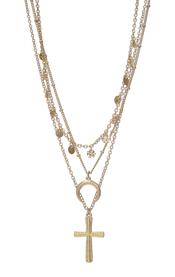 CROSS AND HORN PENDANT TRIPLE LAYER NECKLACE