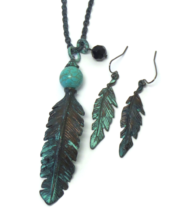 Burnish metal feather pendant necklace earring set