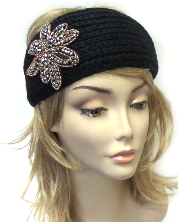 Beaded flower and button closure knit headband warmer