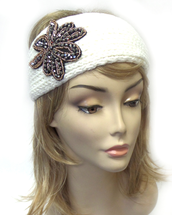 Beaded flower and button closure knit headband warmer