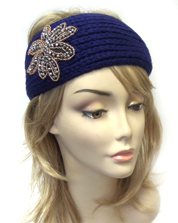 Beaded flower and button closure knit headband warmer