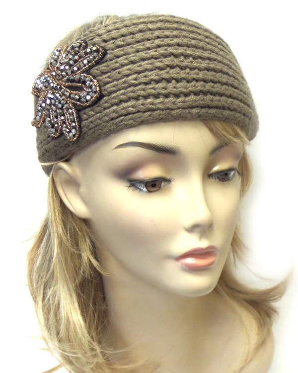 Beaded flower and button closure knit headband warmer