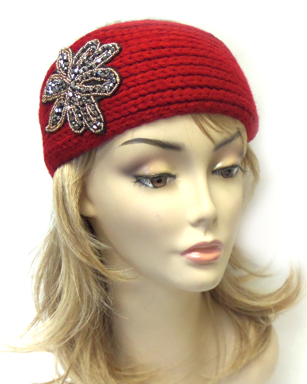Beaded flower and button closure knit headband warmer