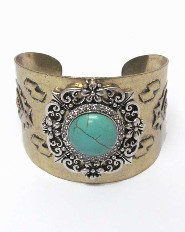Turquoise and crystal aztec theme wide bangle bracelet - brass -western