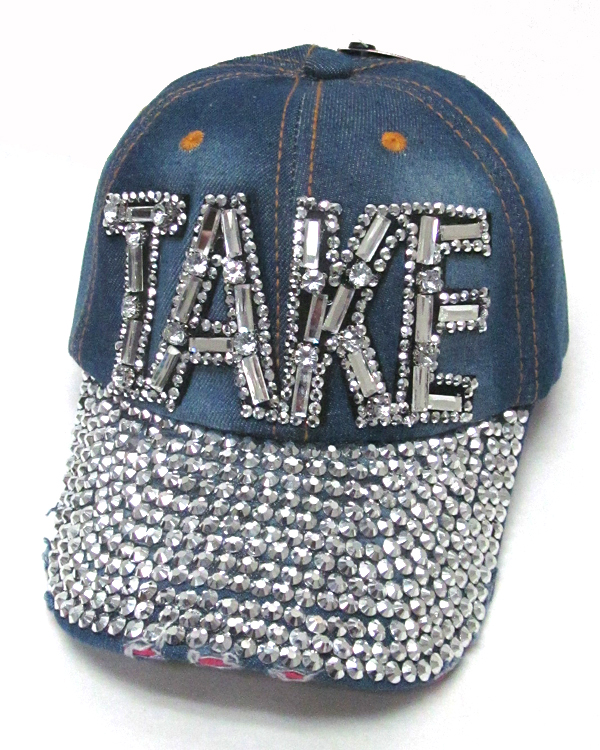 RHINESTONE WORN DENIM BASEBALL CAP-TAKE