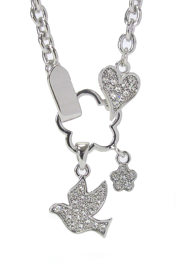 Made in korea whitegold plating crystal stud peace bird dangle necklace