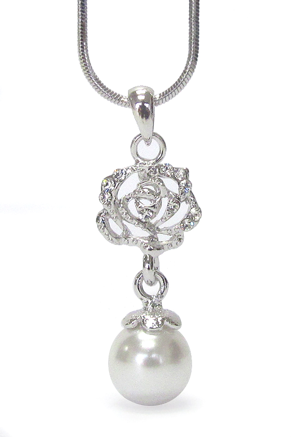 WHITEGOLD PLATING CRYSTAL FLOWER AND PEARL DANGLE PENDANT NECKLACE