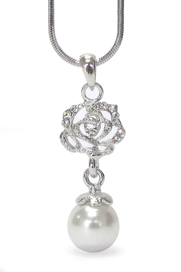 Made in korea whitegold plating crystal flower and pearl dangle pendant necklace