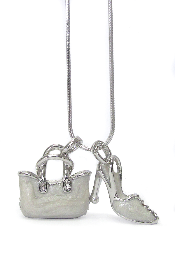 Whitegold palting crystal and epoxy bag and shoe dual pendant necklace