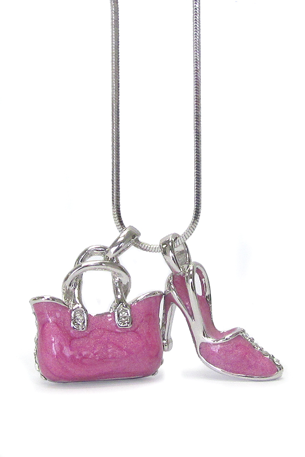 Whitegold palting crystal and epoxy bag and shoe dual pendant necklace