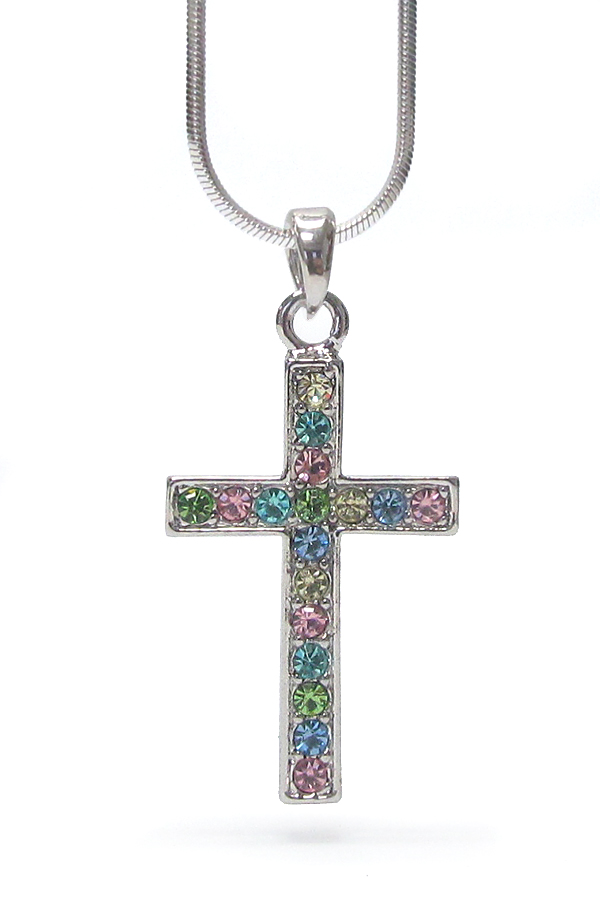 WHITEGOLD PLATING MULTI COLOR CRYSTAL SIMPLE CROSS PENDANT NECKLACE