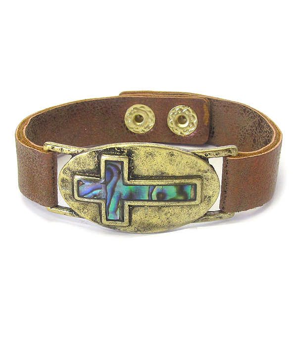 ABALONE CROSS AND LEATHER BAND BRACELET