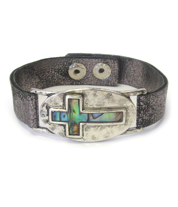 ABALONE CROSS AND LEATHER BAND BRACELET