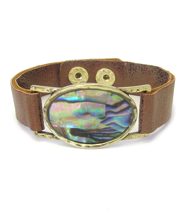 ABALONE OVAL AND LEATHER BAND BRACELET