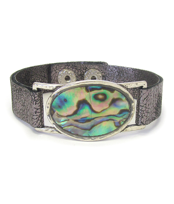 ABALONE OVAL AND LEATHER BAND BRACELET