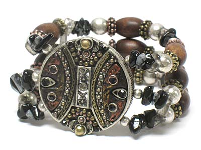 Antique style crystal stud round metal and multi wood beads and chip stone deco triple line elastic bracelet 