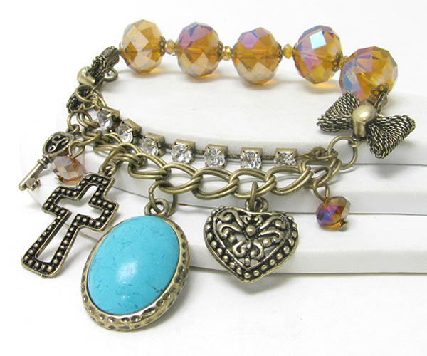 Turquoise cross and heart charm glass beads stretch bracelet