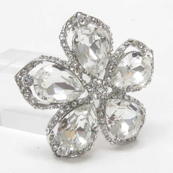 Facet teardrop stone and crystal deco flower brooch or pin