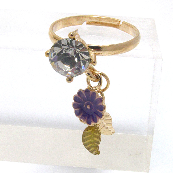 Crystal and metal leaf dangle adjustable ring