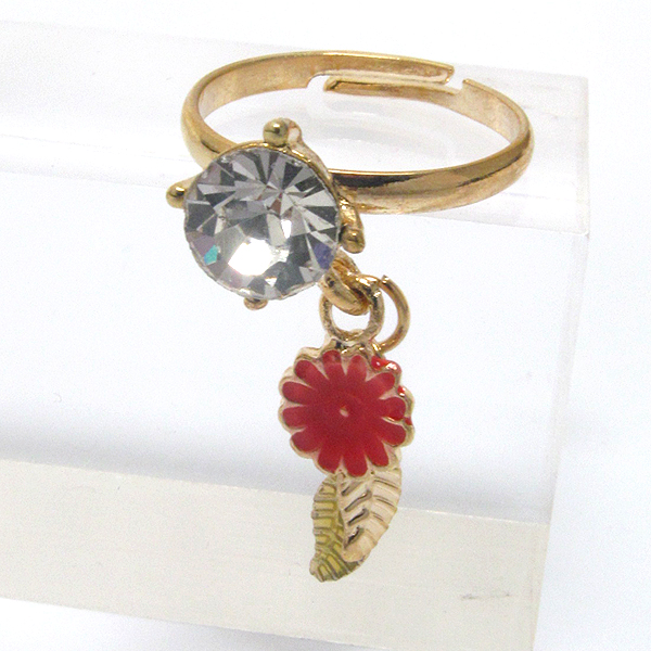 Crystal and metal leaf dangle adjustable ring