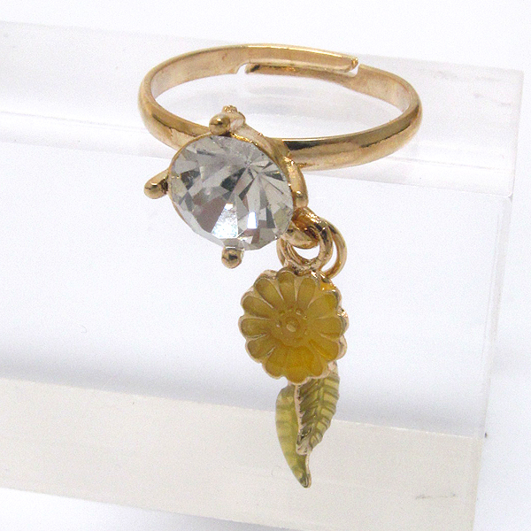 Crystal and metal leaf dangle adjustable ring
