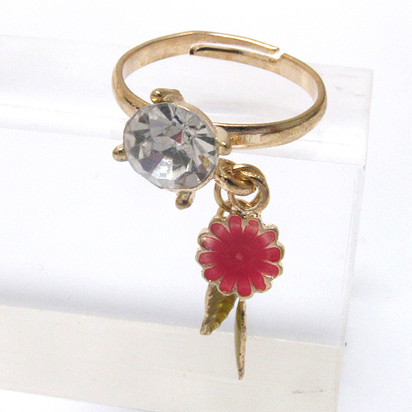 Crystal and metal leaf dangle adjustable ring