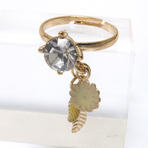 Crystal and metal leaf dangle adjustable ring