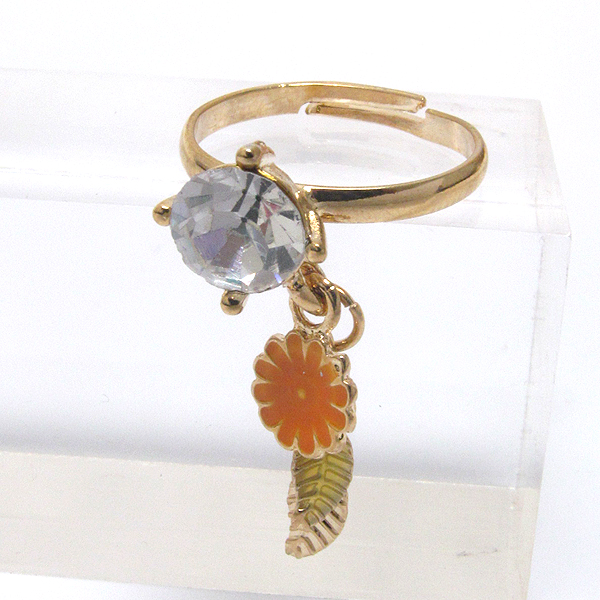 Crystal and metal leaf dangle adjustable ring