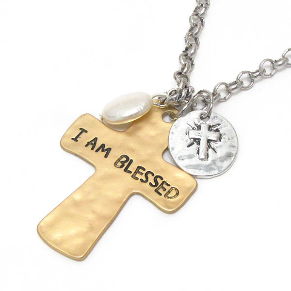 Religious inspiration message on hammered cross necklace - i am blessed