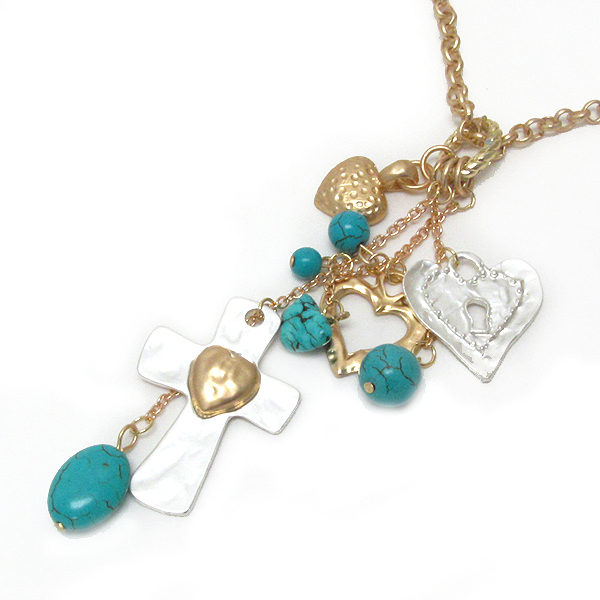 Cross and multi heart and turquoise drop pendant necklace