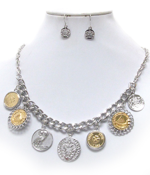 Multi coin charm dangle chain necklace earring set